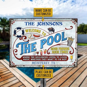 Personalized Welcome Pool Grilling Metal Signs, Funny Pool Sign, Outdoor Sign Decor, Outdoor Beach Decor, Pool Metal Sign, Pool Bar Sign