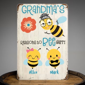 Grandma&#39;s Reasons To Bee Happy Personalized Metal Sign, Custom Grandkids Name, Mother&#39;s Day Gift For Mom Grandmother