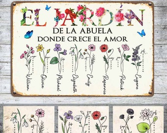 Grandma Love Garden Spanish Metal Sign, De La Abuela, Custom Kids Name Birth Month Flowers, Mother's Day Gift For Mom Grandmother