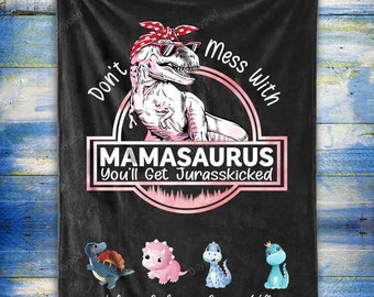 Personalized Mamasaurus Throw Blanket, Grandmasaurus Fleece Sherpa Blanket, Mother's Day Gift For Mom Grandma