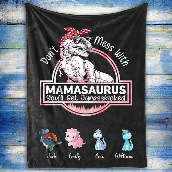 Personalized Mamasaurus Throw Blanket, Grandmasaurus Fleece Sherpa Blanket, Mother's Day Gift For Mom Grandma