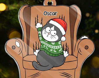 パーソナライズされた猫のクリスマスオーナメント、面白いカスタム猫のオーナメント、吊り下げ式猫ソファオーナメント、猫好きの方へのカスタムペットギフト、猫ママへのギフト