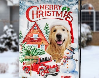 Personalized Dog Flag, Merry Christmas Garden Flag, Dog Photo Welcome Flag, Happy Christmas Yard Sign, Pet Photo Winter Flag, Custom Flag