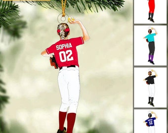 Adorno personalizado de lanzador de niña de béisbol, adorno de jugador de béisbol, adorno de softbol de béisbol personalizado, recuerdo de Navidad de béisbol