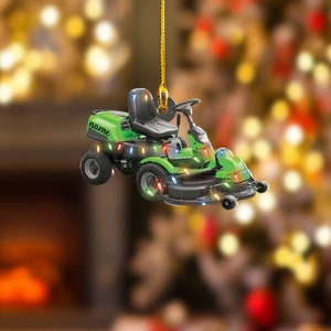 Personalized Lawn Mowers Christmas Ornament, Riding Mowers With Xmas Light Hanging Ornament, Farmhouse Lawn Ornament
