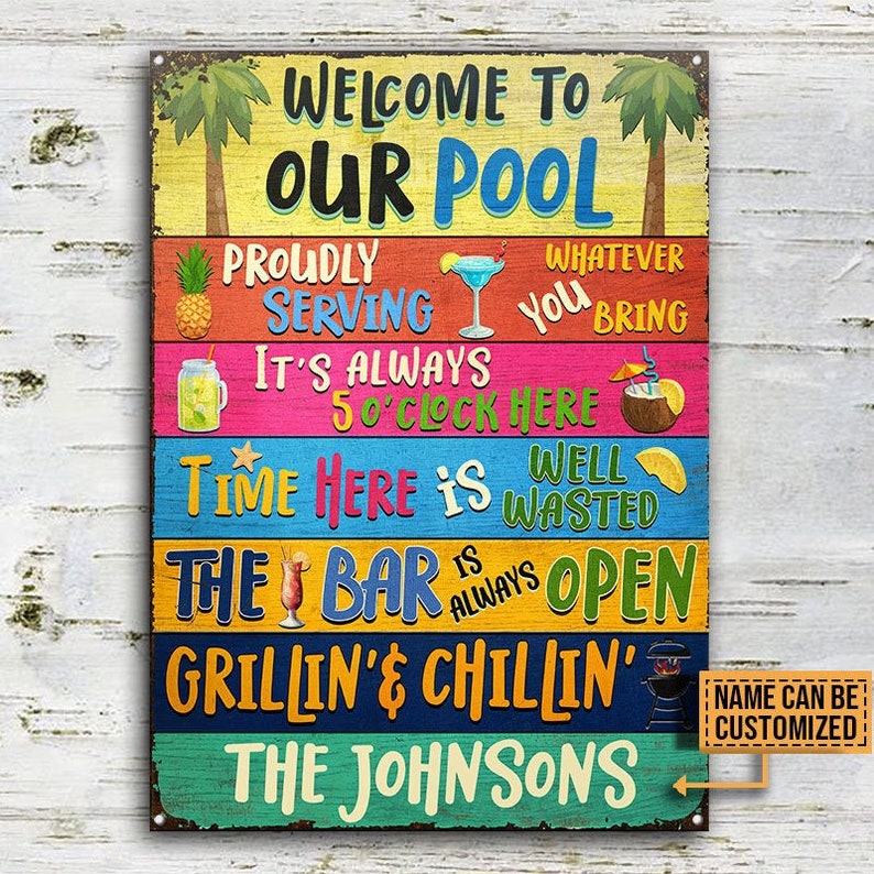 Welcome to Pool Bar Grilling Metal Signs, Funny Pool Sign, Outdoor Sign ...