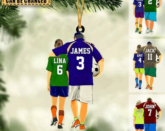 Personalisierter Fußball-Vater und Sohn-Tochter-Ornament, Fußballspieler-Ornament, individuelles Fußball-Ornament, Fußball-Andenken, Fußball-Acryl-Ornament