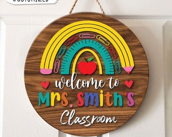 Personalized Teacher Door Sign, Teacher Name Sign, Teacher Door Hanger, Teacher Gift, Classroom Decor, Clasroom Wooden Sign, Back To School