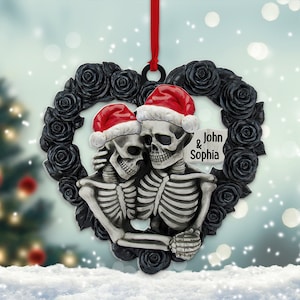 Personalisierte Schädel Paar Weihnachtsverzierung, Skelett paar Acryl Verzierung, Skelett Weihnachtsmütze, schwarze Rose Herz, Schädel Paar Verzierung