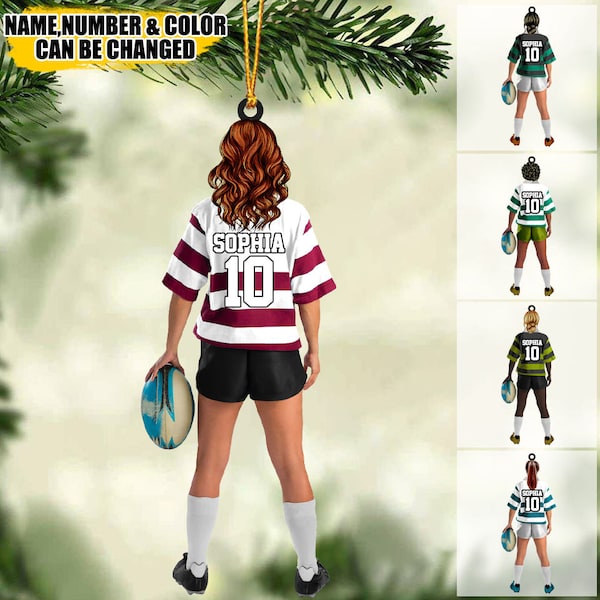 Ornement de Noël en acrylique de joueur de rugby féminin/fille/femme personnalisé, cadeau pour les joueurs de rugby, nom et numéro personnalisés pour le joueur de rugby