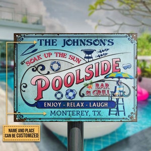 Personalized Pool Bar & Grill Custom Metal Signs, Funny Pool Sign, Outdoor Sign Decor, Outdoor Beach Decor, Pool Metal Sign, Pool Bar Sign