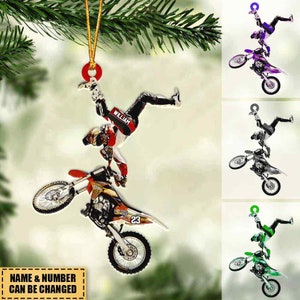 Personalized Flying Motocross Dirt Bike Christmas Ornament, Custom Name Number Motocross Ornament, Gift For Bikers Racer Motocross Racing