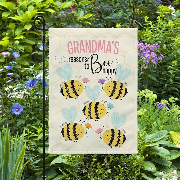 Personalized Garden Flag Gifts From Grandkids, Reasons To Bee Happy Cute Heart Bees, Custom Name Welcome Flag, Mother's Day Gift