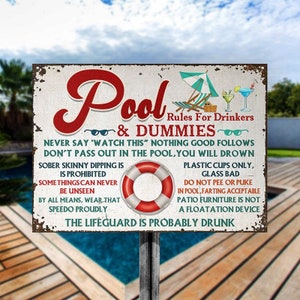 Pool Rules For Drinker And Dummies Metal Signs, Funny Pool Sign, Outdoor Sign Decor, Outdoor Beach Decor, Pool Metal Sign, Pool Bar Sign