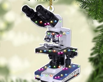 Personalized Medical Microscope Shape Flat Ornament, Science Christmas Ornament, Chemistry Ornament, Scientist Ornament for Chemistry Lover