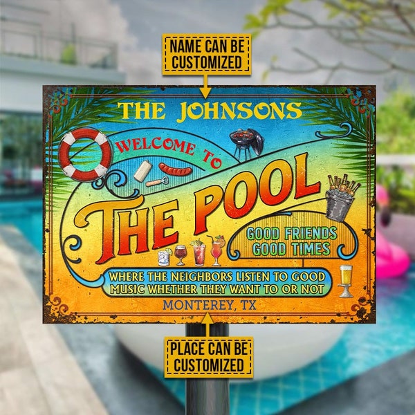 Personalized Welcome Pool Metal Signs, Funny Pool Sign, Outdoor Sign Decor, Outdoor Beach Decor, Swimming Pool Metal Sign, Pool Bar Sign