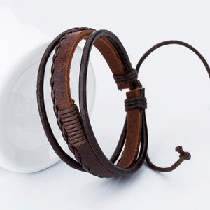 Leather Men Woven Bracelet Unisex Handmade Brown Black Bracelets Gift for Him Minimal Strap Bangle