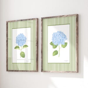 Striped floral art prints set of 2 Blue hydrangea wall art Grandmillenial art Watercolor flower French country wall art Eclectic wall art