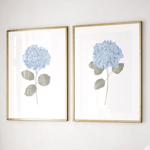 Light blue wall art Blue hydrangea wall art Hydrangea print set of 2 Watercolor flower wall art Coastal wall art Sepia botanical prints gift