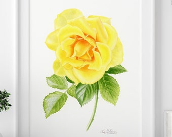 YELLOW ROSE FLOWER art print, yellow rose wall art, yellow rose wall decor, yellow rose watercolor painting, yellow rose botanical print