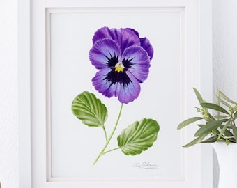 May include: A framed watercolor painting of a single purple pansy flower with green leaves. The painting is set against a white background.