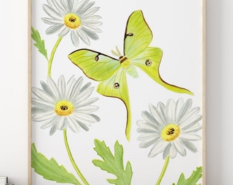 luna moth art print, watercolor luna moth painting, luna moth wall art, green butterfly print, butterfly poster butterfly artwork insect art
