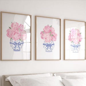 Blue and pink wall art set 3 Bow wall art Blue chinoiserie wall art Preppy wall art Dorm aesthetic wall art Peony print Coquette room decor