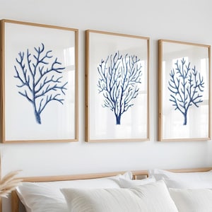 Blue coral print set of 3 prints Watercolor seaweed painting Sea fan art Navy blue wall art Beach house botanical prints Nautical wall art
