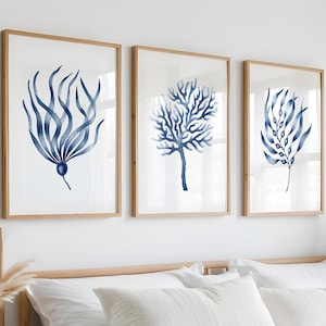 Set of 3 blue corals prints Navy blue wall art Nautical wall art Minimalist wall decor Beach house decor Botanical prints Coastal wall art