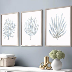 Modern coastal wall art Blue coral prints set 3 Light blue wall art Nautical wall decor Watercolor botanical seaweed art Beach house decor