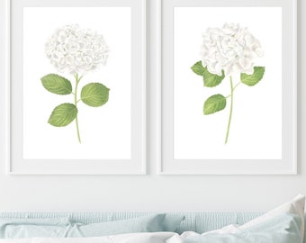 White hydrangea watercolor flowers Hydrangea art print Hydrangea painting Botanical print set 2 Floral wall art Modern Farmhouse wall decor