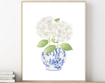 Blue chinoiserie art Ginger jar painting Hydrangea print Ginger jar print Blue floral vase Chinoiserie wall art Hydrangea painting China art