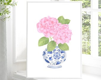 Blue chinoiserie print Pink hydrangea print Chinoiserie wall art Ginger jar print Hydrangea painting Blue and white china print China vase