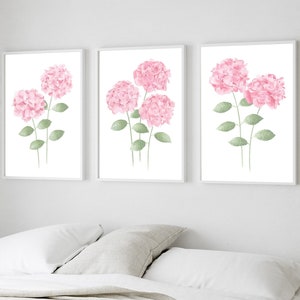 Pink hydrangea print set of 3 Hydrangea painting Hydrangea watercolor Botanical prints Blush pink wall art Pink floral print Hydrangea gift