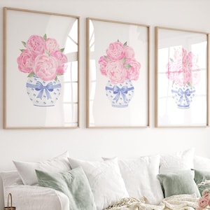 Peony wall art Blue chinoiserie wall art Bow wall art Light pink wall art set 3 Coquette room decor Preppy wall art Floral dorm wall decor