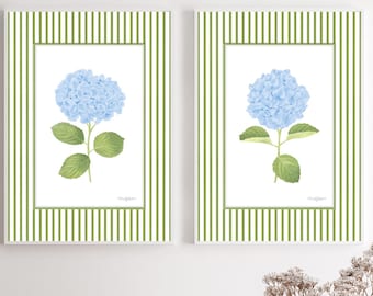 French country wall art Striped art Grandmillennial art Blue hydrangea print set of 2 Hydrangea wall art Floral art print Botanical prints