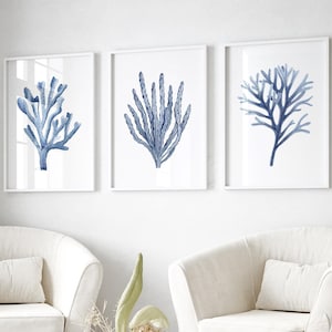 Blue coral print set of 3 Watercolor coastal prints Seaweed artwork Navy blue wall art Nautical wall art Sea life painting Beach house decor