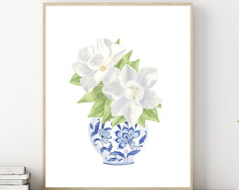 Blue chinoiserie art Magnolia art print Ginger jar print Blue floral vase Chinoiserie wall art Magnolia painting Blue and white china print