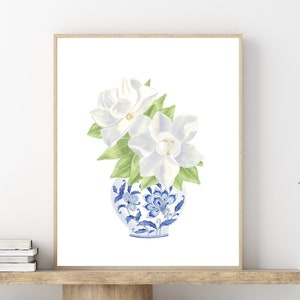Blue chinoiserie art Magnolia art print Ginger jar print Blue floral vase Chinoiserie wall art Magnolia painting Blue and white china print