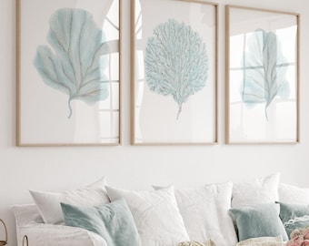 Light teal wall art Turquoise watercolor coral prints set 3 Modern coastal decor Nautical wall decor Seaweed wall art Sea fan botanical art