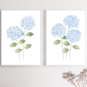 May include: Two framed prints of watercolor paintings of blue hydrangeas. The prints are hung on a white wall above a wicker basket and a white vase with dried flowers.