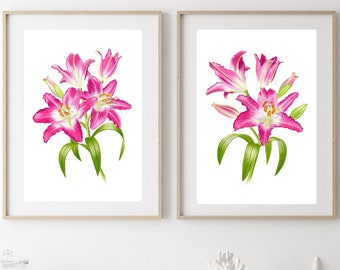 PINK LILY PAINTING set of 2, stargazer lily print, oriental lily wall art, watercolor lily botanical artwork, lily floral bedroom wall decor