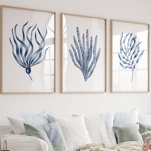 Nautical wall art set of 3 prints Navy blue coral prints Modern coastal prints Hamptons art Seaweed painting Sea fan art Beach house decor