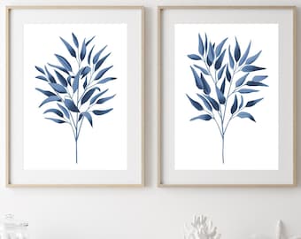 Navy blue eucalyptus art print Navy blue wall decor Royal blue wall art Indigo wall art Watercolor Coastal farmhouse Modern coastal artwork
