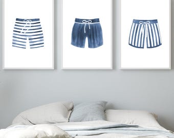 Watercolor mens shorts prints Vintage style swimsuit art print set 3 Navy blue mens swim trunks art  Lake house wall art Beach house decor