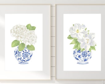 Blue chinoiserie print set 2 Magnolia painting Ginger jar painting Hydrangea print Chinoiserie wall art Blue and white china print Blue vase