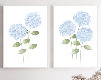 Watercolor hydrangea painting Blue Hydrangea print set of 2 Hydrangea wall art Cottage wall decor Modern Coastal artwork Extra large poster