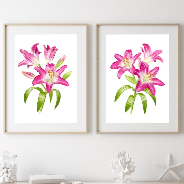 stargazer lily print set of 2, pink lily painting, oriental lily watercolor painting, watercolor lily flower botanical print, lily wall art