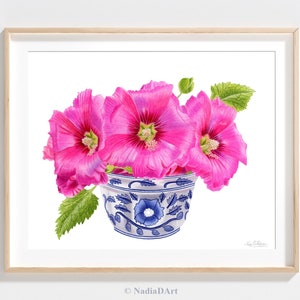Impresión CHINOISERIE DE MALVA ROSA, tarro de jengibre chinoiserie, jarrón de porcelana azul y blanca, jarrón de jengibre azul, arte mural floral rosa, pintura de flores rosas