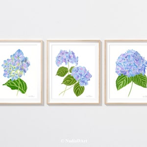 BLUE HYDRANGEA PRINT set of 3, hydrangea watercolor painting, hydrangea wall art, spring flower botanical, blue flower, blue floral artwork